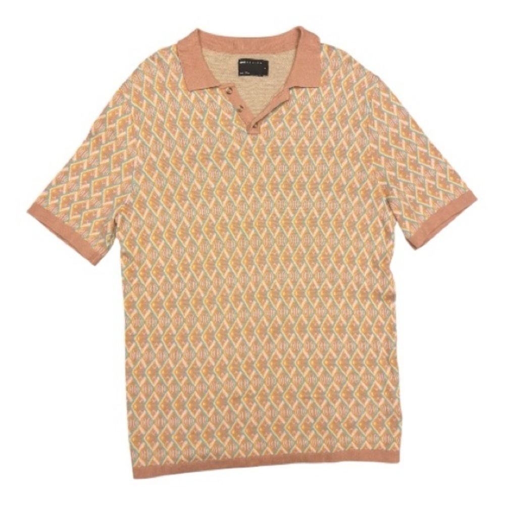 ASOS Men’s 70s Retro Knit Polo Light Brown Geometric Short Sleeve Shirt Size S